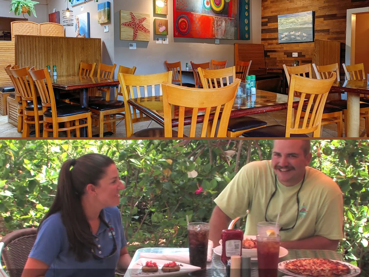 Casual seafood restaurant dining room with bar seating.