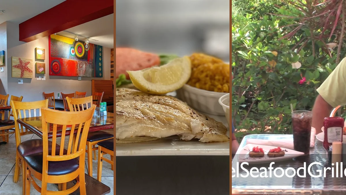 Outdoor tables beside a laid-back American restaurant.