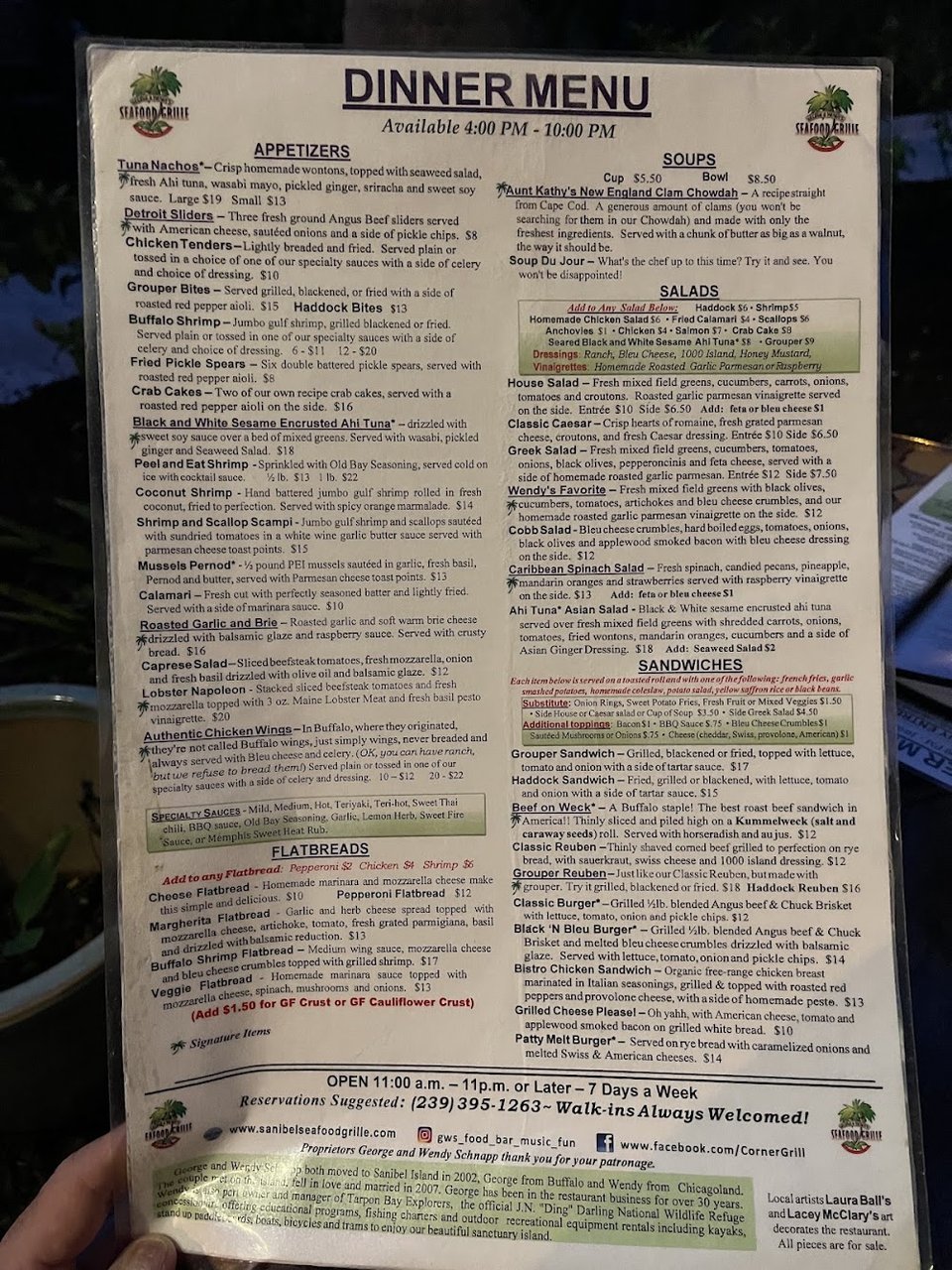Printed restaurant menu with dinner section.