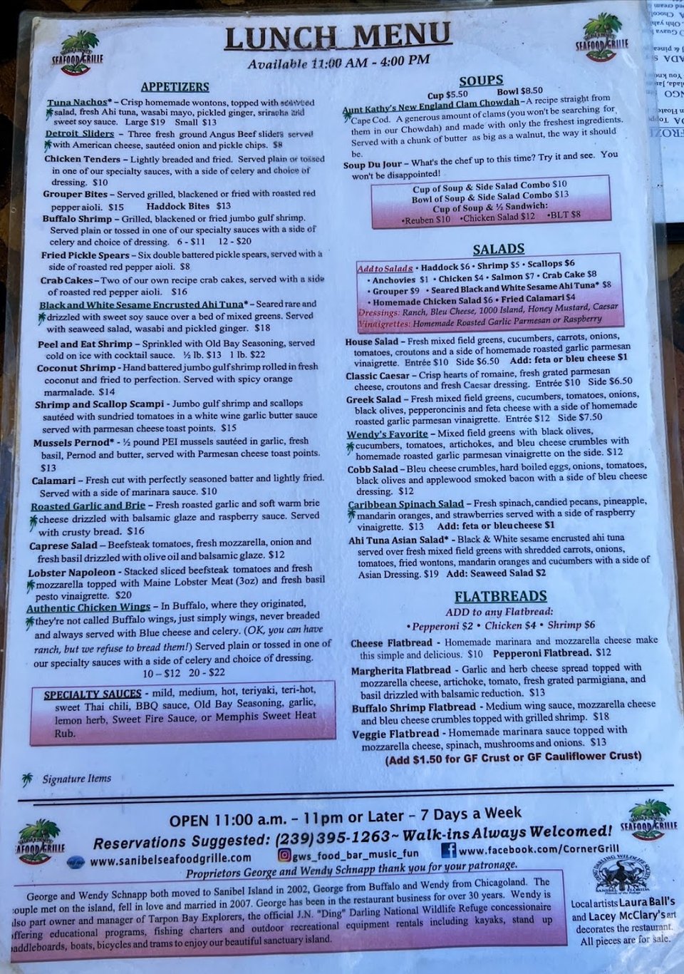 Menu board for a seafood grille.